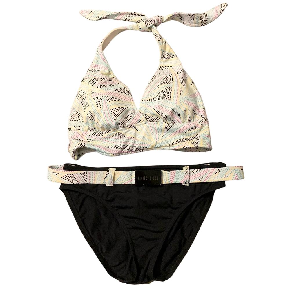 Anne Cole Locker Pastel Dotted Bikini Medium Halter & Back Tie Deep V Belted